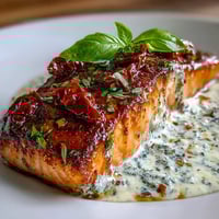 Creamy garlic salmon with sun-dried tomatoes in a rich sauce, perfect for a romantic dinner or special occasion.  