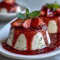 Silky vanilla panna cotta with a vibrant strawberry sauce, a perfect romantic dessert for Valentine's Day.