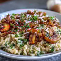 Creamy caramelized onion and mushroom risotto with golden onions, savory mushrooms, and Parmesan in a rich, comforting dish.  