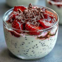 A creamy chia pudding with Greek yogurt, sweet strawberries, and rich dark chocolate shavings for a healthy dessert.  