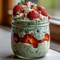 Creamy strawberry matcha overnight chia oats layered in a jar with fresh berries and coconut flakes.