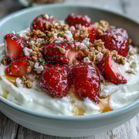 Fluffy yogurt breakfast bowl with strawberries and granola crunch, topped with fresh mint and chia seeds.  
