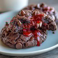 A tray of rich chocolate cookies decorated with candy fangs and red gel icing, perfect for a spooky Halloween dessert table.