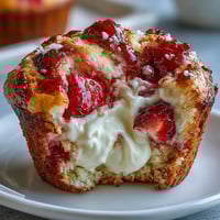 A batch of golden strawberry cream cheese muffins with juicy berries and creamy filling, fresh from the oven.  