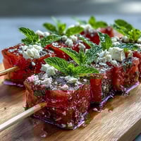 Vibrant watermelon feta salad skewers with fresh mint and creamy cheese, perfect for summer parties and light appetizers.