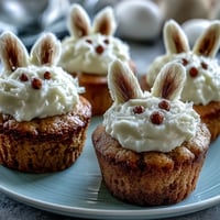 Adorable Easter Bunny carrot cake cupcakes with cream cheese frosting and marshmallow ears, perfect for spring celebrations.  