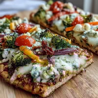 Vibrant St. Patrick's Day Rainbow Veggie Flatbread Pizza with colorful bell peppers, broccoli, and tomatoes arranged in a festive arc.  