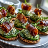 A colorful snack plate with green scrambled eggs and rolled ham slices beside crackers and cucumber shapes.