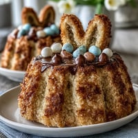 Adorable Easter Bunny Cake with coconut fur and jelly bean tail, perfect for spring celebrations and festive gatherings.