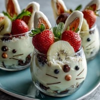 Adorable bunny fruit cups filled with fresh strawberries, grapes, blueberries, and pineapple, decorated with marshmallows and candy eyes for a festive Easter snack kids will love.