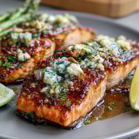 Garlic Butter Salmon with Asparagus: Tender salmon fillets roasted with crisp asparagus in a fragrant garlic butter sauce, garnished with lemon slices.