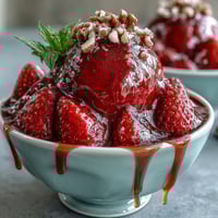 Creamy Greek yogurt bowl topped with vibrant strawberry compote, crunchy nuts, and a honey drizzle for a fresh breakfast treat.