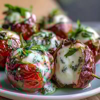 Caprese skewers with pesto drizzle, showcasing cherry tomatoes, mozzarella, and fresh basil on a serving platter.