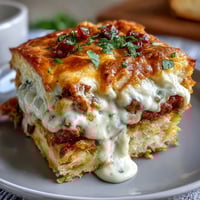 Hearty Overnight Amish Breakfast Casserole baked golden with sausage, potatoes, and melted cheese in a crowd-pleasing dish.