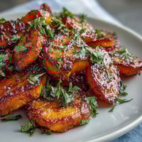 Honey roasted carrots and parsnips, caramelized to perfection with a golden honey glaze and fresh thyme.
