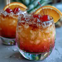 Vibrant ombre sunrise mocktail with grenadine, orange, and pineapple juices, garnished with citrus slices and cherries.
