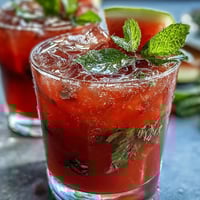 A tall glass of vibrant watermelon mint lemonade, with ice cubes and fresh mint leaves.