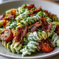 Creamy BLT pasta salad with crispy bacon, fresh lettuce, and juicy tomatoes tossed in avocado ranch dressing for a satisfying summer meal.  