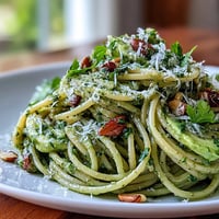 Creamy Avocado Pesto Pasta with vibrant green sauce, a quick no-cook delight.