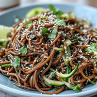 Chilled soba noodle salad with vibrant vegetables and zesty sesame ginger dressing.