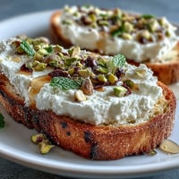 Whipped ricotta toast with honey and pistachios, a creamy breakfast delight.