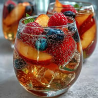 Vibrant summer sangria mocktail with juicy peaches and mixed berries in a glass.